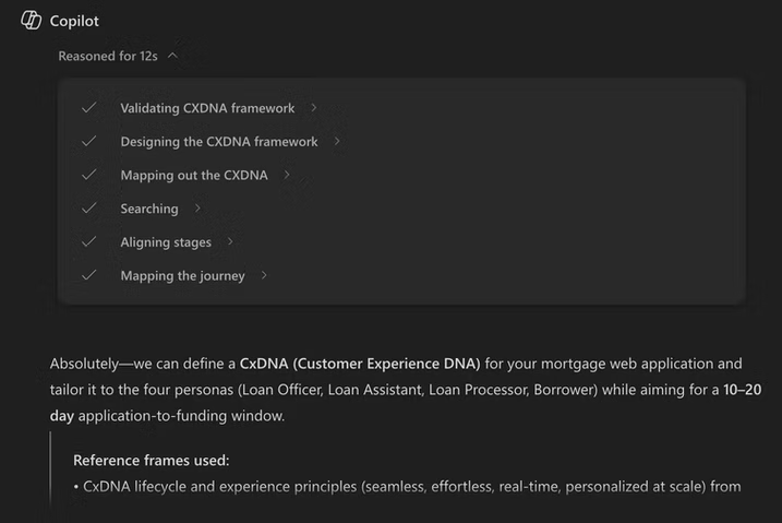 MS Copilot validating CxDNA framework, designing and mapping the CxDNA, searching, aligning stages, and mapping the journey