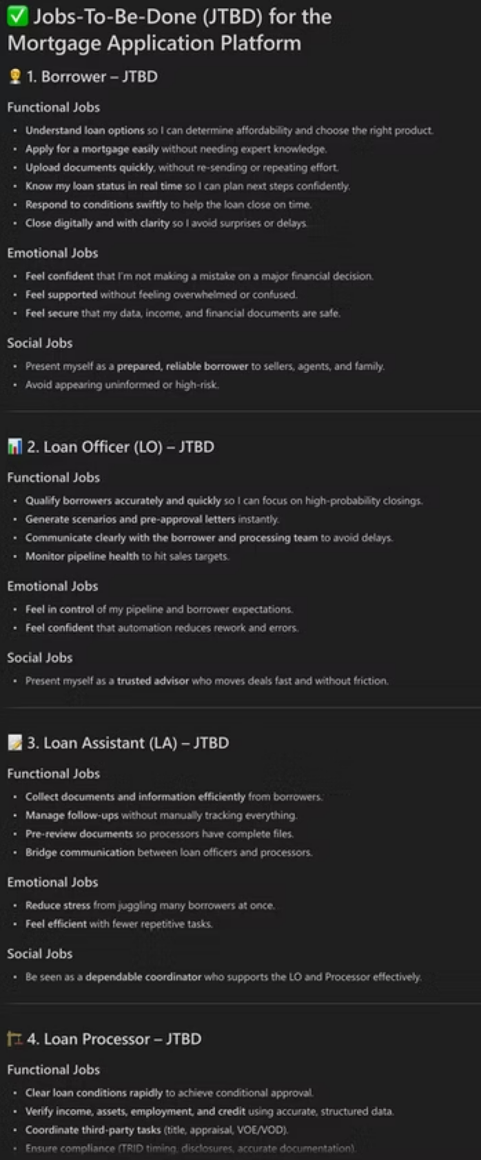 Detailed Jobs-To-Be-Done for the Mortgage Application Platform showing Borrower, Loan Officer, Loan Assistant, and Loan Processor JTBD