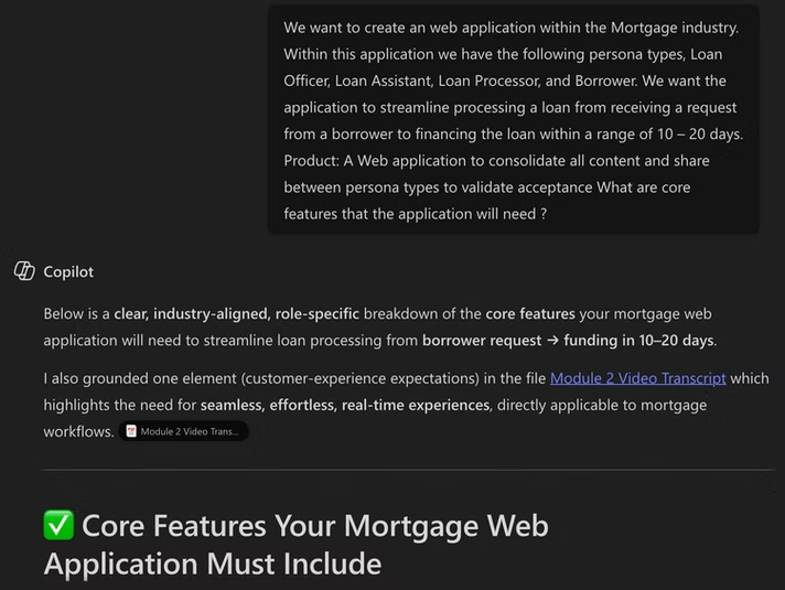 Command prompt kickoff for mortgage project with AI Copilot response showing core features a mortgage web application must include